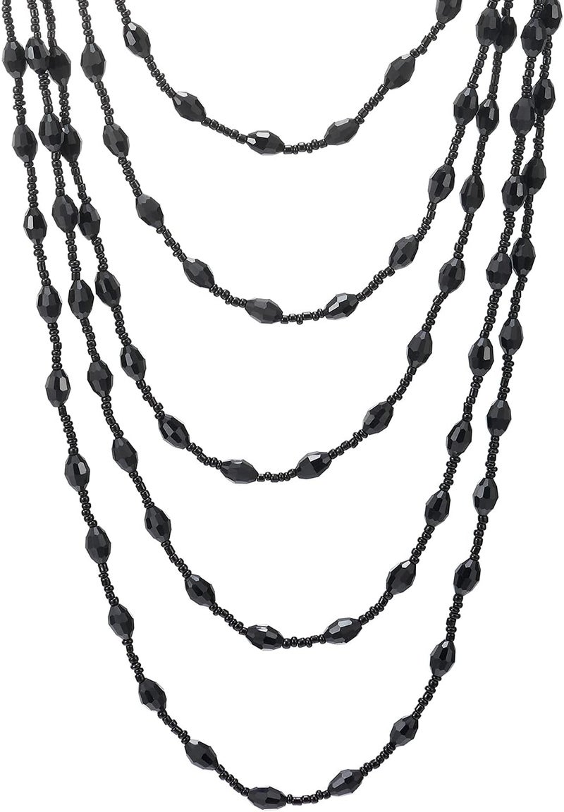COOLSTEELANDBEYOND Oval Beads Statement Necklace Multi-Strand Long Chains with Crystal Charm Pendant - Image 1